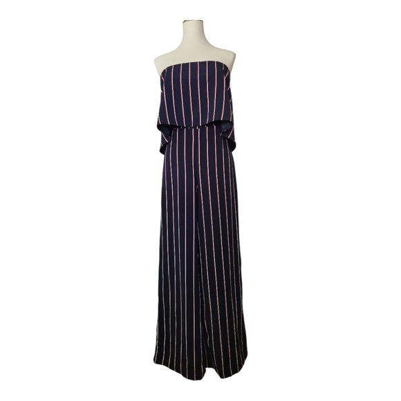 Do + Be Strapless Wide Leg Jumpsuit Navy Red Stripe Women’s Size M NWT Open Bk - Picture 1 of 7